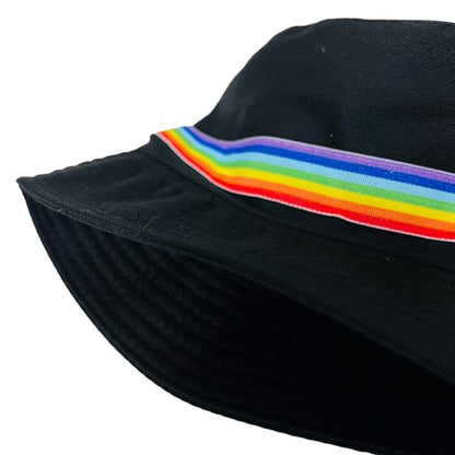Pride Unisex Bucket Hat Reversible Double-Side-Wear Packable for Travel, Outdoors, and Beach - color: Black With Rainbow Band