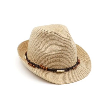 Straw Fedora Hat Panama Hats Mens Beach Hat Derby Hat Packable Trilby - color: Natural-wooden Bead, size: Medium