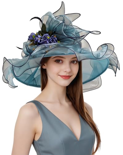 Organza Church Derby Hats for Women Wedding Tea Party Fascinator Floral Wide Brim Sun Hat - color: Style06 Blue