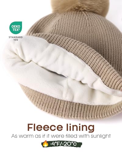 FURTALK Pom Pom Winter Hats for Women Fleece Lined Slouchy Warm Beanie Skull Cap - color: Light Khaki