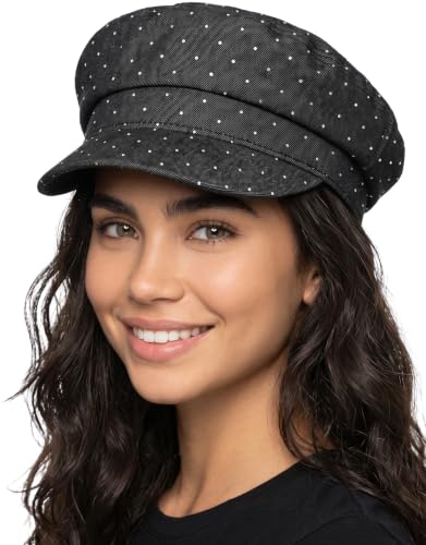 Funky Junque Greek Fisherman Newsboy Cap, Cotton Captains Bakerboy Hat - color: Rhinestone - Black