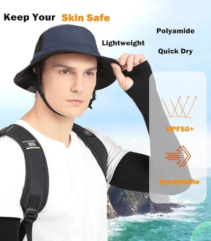 Mens Womens Surf Bucket Hat Waterproof UPF50+ Foldable Beach Sun Hats - color: Navy Blue