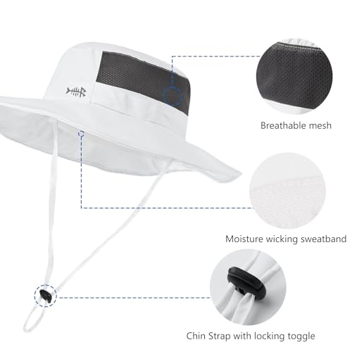 BASSDASH UPF 50+ Fishing Sun Hat Water Resistant Unisex Wide Brim Bucket Boonie Hat for Hiking Camping Safari FH15 - color: White, size: Large