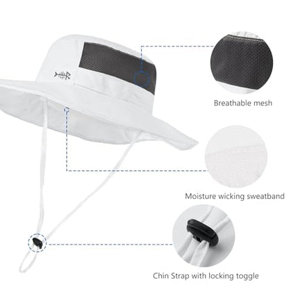 BASSDASH UPF 50+ Fishing Sun Hat Water Resistant Unisex Wide Brim Bucket Boonie Hat for Hiking Camping Safari FH15 - color: White, size: Large