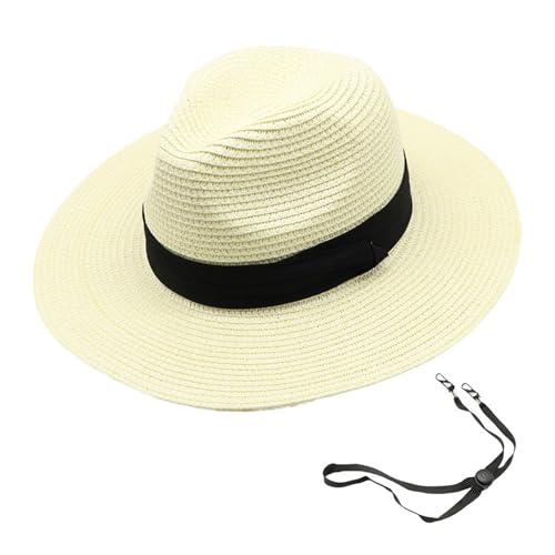 Womens Mens Wide Brim Straw Panama Hat Beach Sun Hat Summer Wide Brim Straw Roll up Hat Fisherman's UPF 50 - color: Milk White