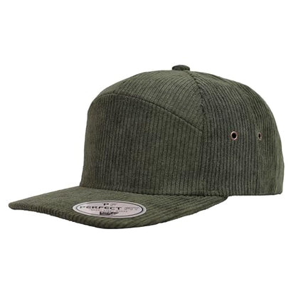 7 Panel Corduroy Cap – Structured Cotton Snapback Flat Bill Adjustable Unisex Streetwear Hat - color: Olive