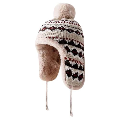 haozaikeji Women Winter Trapper Hat Faux Fur Knit Beanie Hat Thermal Earflap Outdoor Cap Pompom Hats Ushanka Hats - color: Beige