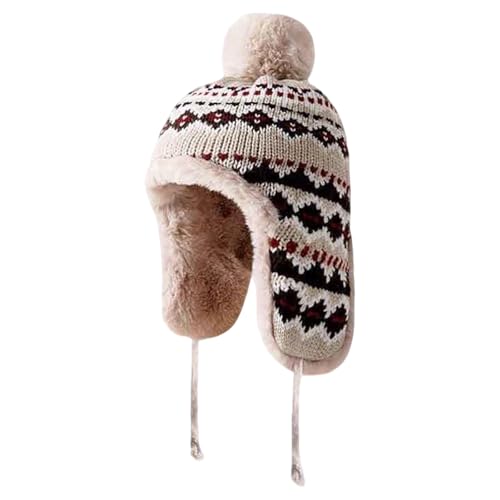 haozaikeji Women Winter Trapper Hat Faux Fur Knit Beanie Hat Thermal Earflap Outdoor Cap Pompom Hats Ushanka Hats - color: Beige