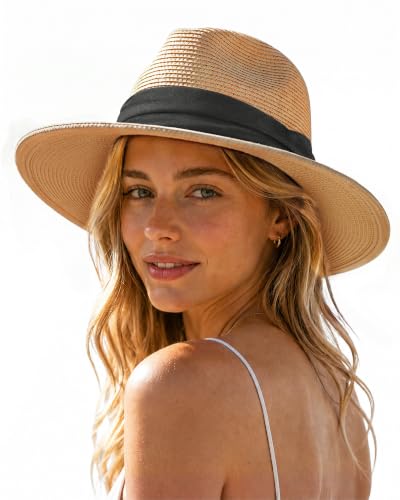 Straw Fedora Panama Hat for Men Women, UPF 50+ Wide Brim Sun Hat, Lightweight Packable Summer Beach Hat - color: Khaki, size: Medium