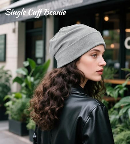 Slouchy Beanie for Women Men Thin Knit Winter Hat 93% Cotton Beanies - color: Light Grey