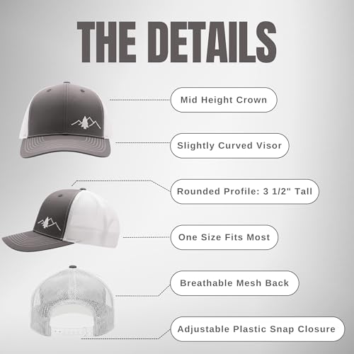 LINDO Trucker Hat [ Great Outdoors Design ] for Men and Women: Mid Profile Cap with Breathable Mesh Back and Adjustable Snap - color: Gray/White