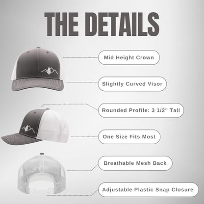 LINDO Trucker Hat [ Great Outdoors Design ] for Men and Women: Mid Profile Cap with Breathable Mesh Back and Adjustable Snap - color: Gray/White