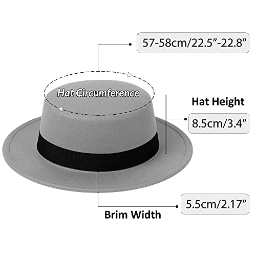 Classic Fedora Hat Flat Top Hat Felt Pork Pie Hat Wide Brim Church Derby Cap for Women and Men - color: Grey