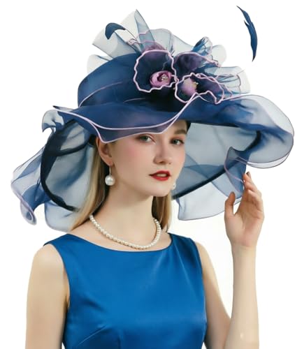 ORIDOOR Women Organza Fascinator Church Derby Hat Floral Tea Party Wedding Hat - color: A865-navy Blue