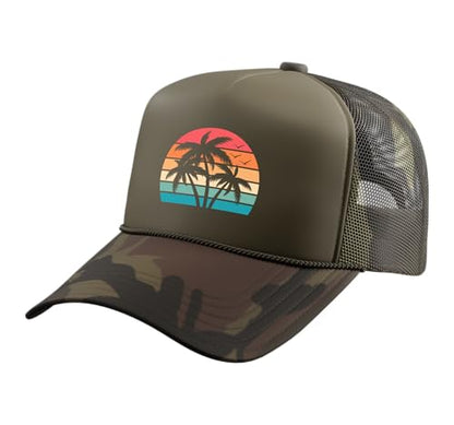 Retro Tropical Beach Palm Trees Hawaii Sunset Men Women Kids Trucker Hat with Adjustable Mesh Back - color: Camo Green