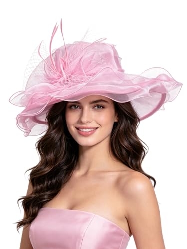 Haojing Women's Organza Church British Fascinator Bridal Tea Party Wedding Hat Summer Ruffles Cap - color: Hj-pink Bow 2