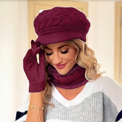 Loritta 3 in 1 Womens Winter Hat Gloves Scarf Set, Warm Hat Mittens - color: Wine