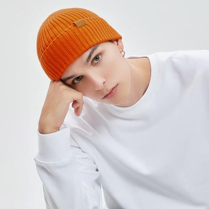 100% Merino Wool Fisherman Beanie Hat, Unisex Warm Winter Hats, Soft Breathable Knitted Short Cuffed Cap - color: Orange