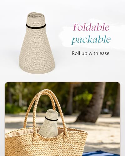 3 Pack Women's Straw Sun Visor Hat,Outdoor Wide Brim UV Protection Foldable,Adjustable Packable Ponytail Summer Sun Hat - color: 3 Pack Beige