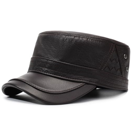 Men's Leather Military Style Hat Cadet Army Caps Flat Top Cap - color: Brown
