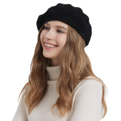 2 Pieces Beret Hat Women French Wool Beret Solid Color Beret Cap - color: Black+red