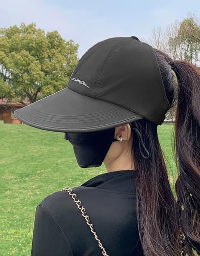 Women's Ponytail Wide Brim Sun Hat UPF 50+， Adjustable Ultralight Travel Hiking Beach Cap with for Outdoor Gardening - color: Black