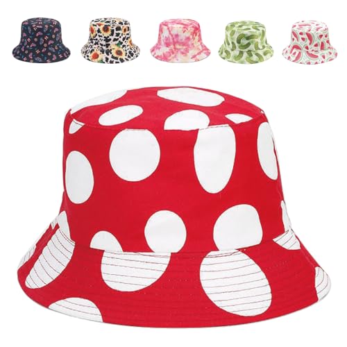 Reversible Bucket Hat for Women Summer Travel Fisherman Cap, Girls Cute Double Side Wear Bucket Cap - color: Red Mushroom