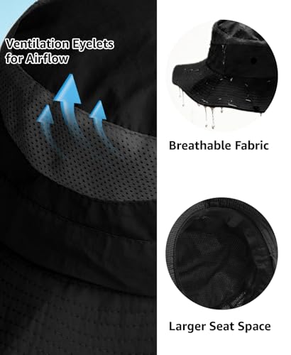 Wide Brim Sun Hat for Men Women, UPF 50+ Waterproof Packable Bucket Boonie Safari Fishing Hat - color: Black