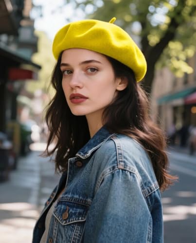 Wool French Beret Hats for Women Classic Winter Beanie Cap - color: Yellow