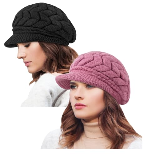 YSense 2 Pack Womens Winter Hats Warm Knit Beanie with Visor - color: Grape Black