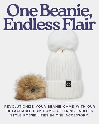 Funky Junque Women’s Winter Detachable Pom Beanie – Warm Knit Hat with Removable Faux Fur Pom, Soft Stretch Acrylic Cozy Cap - color: Ivory