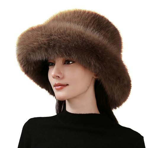 Dikoaina Faux Fur Bucket Hat for Women Girl – Oversized Brim, Super Soft & Fluffy Winter Hat - color: Khaki