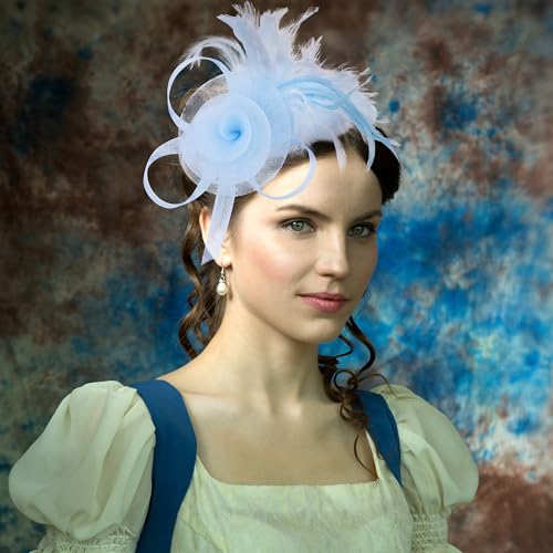 Zinniday Victorian Feather Fascinators Hats - 2025 Derby Attire Headwear with Hairpin,1920s Tea Party Hat for Woman - color: Light Blue