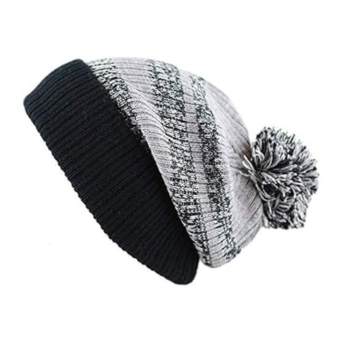 Winter Knit Beanie Hat with Pom Pom – Warm Cuffed Slouch Ski Cap for Men & Women - color: 3.black/Grey