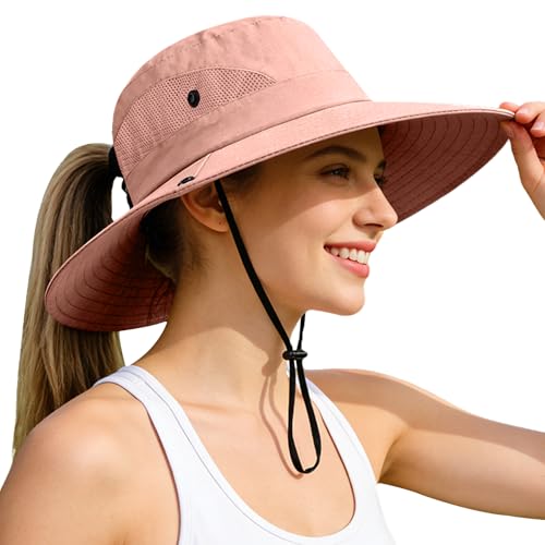 Rosoz Ponytail Sun Bucket Hats for Women UV Protection Foldable Wide Brim - color: 1 Pack-pure Pink