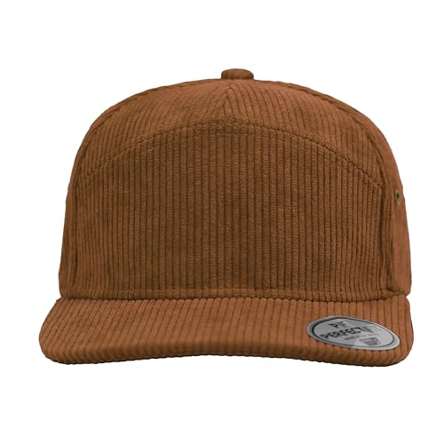 7 Panel Corduroy Cap – Structured Cotton Snapback Flat Bill Adjustable Unisex Streetwear Hat - color: Cooper