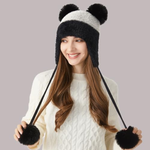 DOCILA Winter Beanie Hat for Women Warm Fleece Lined Pom Knit Earflap Hats Cute Outdoor Snow Ski Skull Cap - color: B-whiteblack