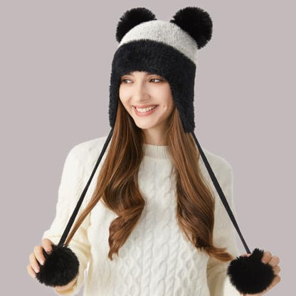 DOCILA Winter Beanie Hat for Women Warm Fleece Lined Pom Knit Earflap Hats Cute Outdoor Snow Ski Skull Cap - color: B-whiteblack