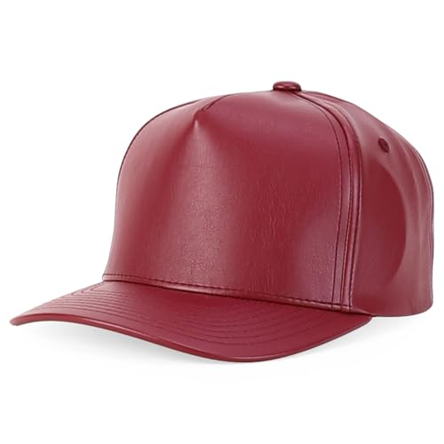 Trendy Apparel Shop PU Leather 5 Panel Structured High Profile Snapback Cap - color: Burgundy