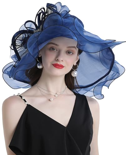 ORIDOOR Women Hats Headband Hairpin Organza Fascinator Church Hat Floral Tea Party Wedding Hat - color: 013b Navy