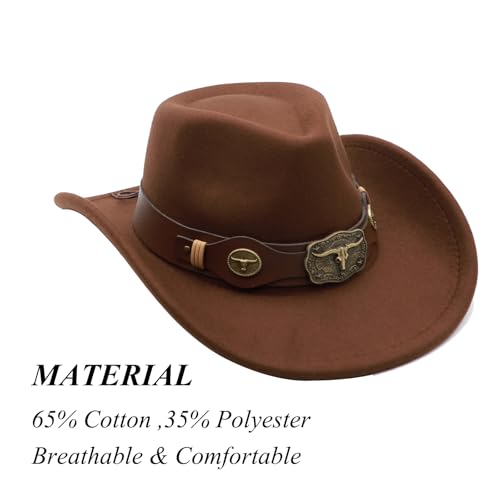 Western Cowboy Hat for Men Cowgirl Hat for Women Unisex Wide Brim Felt Fedora Hats Classic Cowboy Hats - color: Coffee