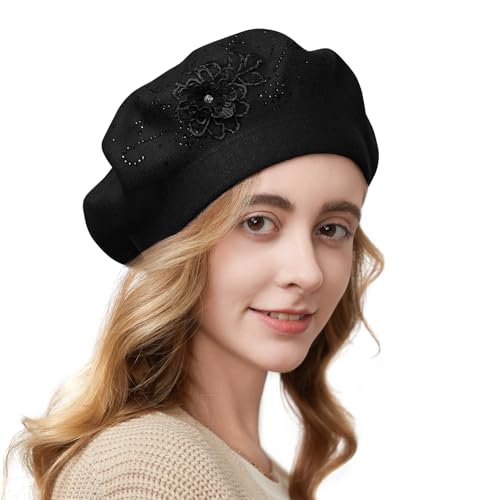 Flower Embroidery Beret Hat for Women, French Style Knitted Beret Hats, Stylish Solid Color Beret Cap for Women Girls Lady - color: Black