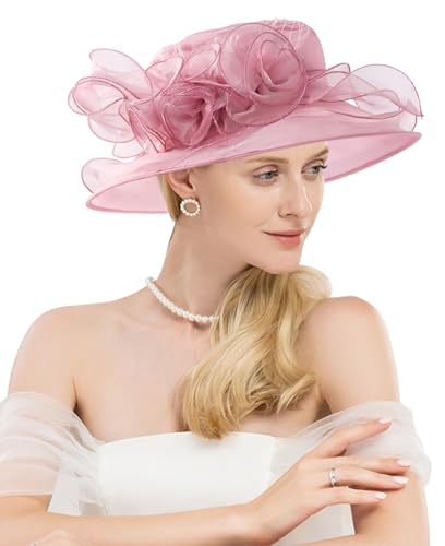 Women Organza Kentucky Hat Fascinator Tea Party Derby Hat Feather Wedding Church Head Ornament Sun Hats - color: 017-pink Purple