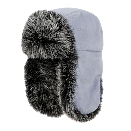 PURFUN Fuzzy Faux Fur Ushanka Russian Hat for Men Women, Winter Plush Full Hood Earflap Cap Cycling Ski Hunting Trapper Hat - color: Grey