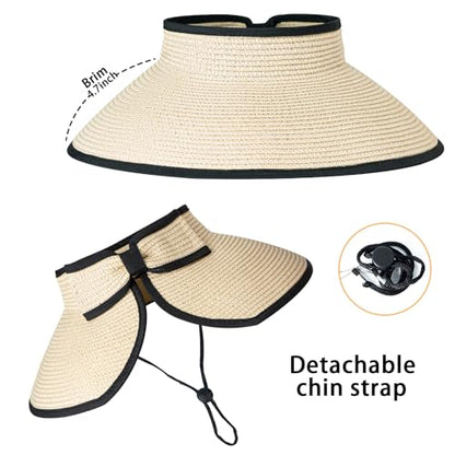 Women's Sun Visor Hats Wide Brim Straw Beach Hat Ponytail Hats for Women Foldable Floppy - color: 1pack-beigeblack