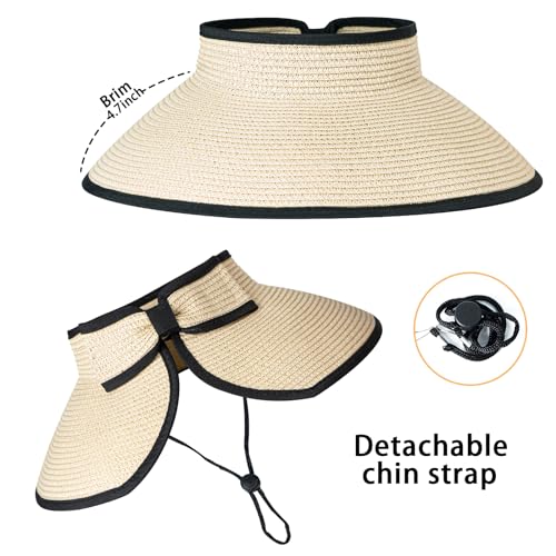 Women's Sun Visor Hats Wide Brim Straw Beach Hat Ponytail Hats for Women Foldable Floppy - color: 1pack-beigeblack
