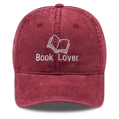 Embroidered Book Lover Baseball Cap for Men Women, Funny Washed Cotton Classic Dad Hat, Reading Lover Gift Idea - color: Book Lover, Wine Red