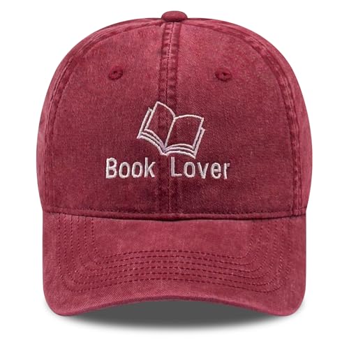Embroidered Book Lover Baseball Cap for Men Women, Funny Washed Cotton Classic Dad Hat, Reading Lover Gift Idea - color: Book Lover, Wine Red