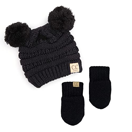 Funky Junque Baby Double Faux Fur Pom Pom Beanie & Mittens Set – Newborn Infant 0–9 Months Winter Hat with Soft Lined Mittens - color: Black (0-9 Months)