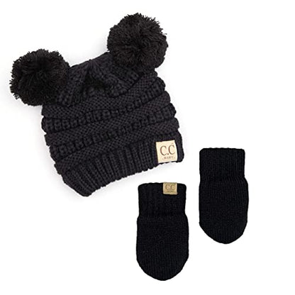 Funky Junque Baby Double Faux Fur Pom Pom Beanie & Mittens Set – Newborn Infant 0–9 Months Winter Hat with Soft Lined Mittens - color: Black (0-9 Months)